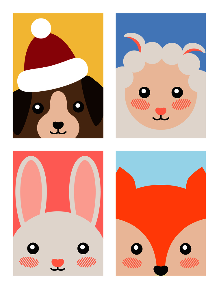 Set of animals covers design with head of dog in Santa&rsquo;s hat, white sheep, fluffy bunny, fox or squirrel vector New Year greeting card in cartoon style. Set of Animals Covers Design Fox Rabbit Dog Sheep