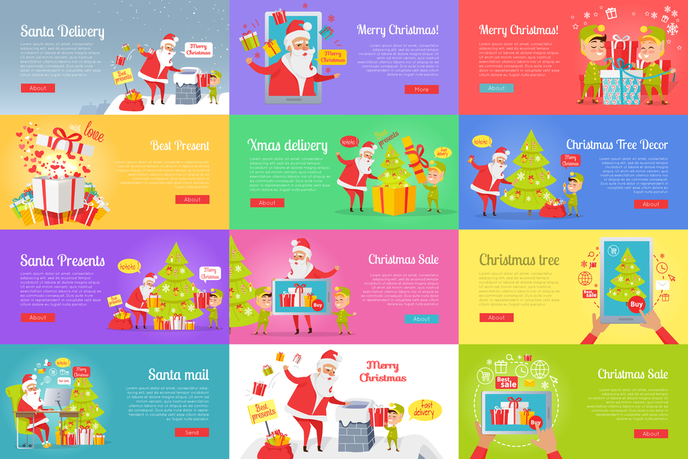 Collection of christmas vector illustration with Santa Claus reading letters, buying presents via the Internet and sending them. Colourful poster of pictures with Santa and gnome decorating xmas tree. Merry Christmas. Santa Delivery. Best Presents