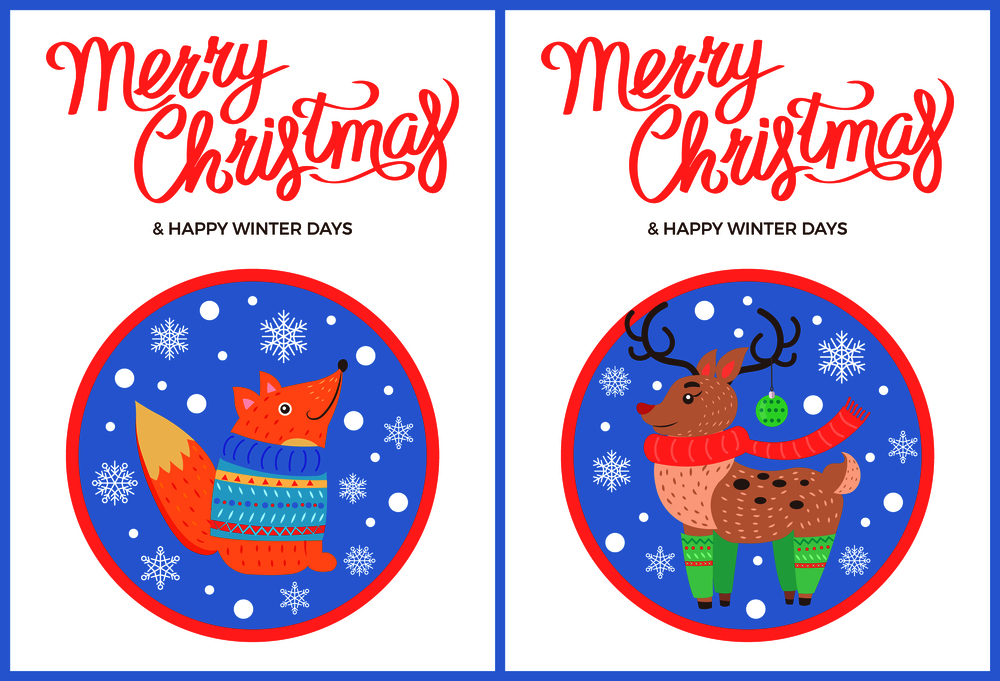 Merry Christmas and happy winter days, poster with text and fox, wearing blue sweater, and deer in socks vector illustration, snowflakes in circle. Merry Christmas and Winter Vector Fox Penguin Deer