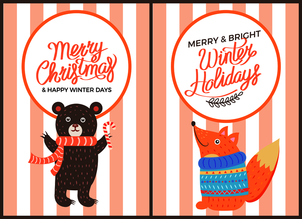 Merry Christmas and happy winter days, poster with bear wearing scarf and holding sweet candy and fox in sweater vector isolated on red stripes. Merry Christma Icon Bear Fox Vector Illustration