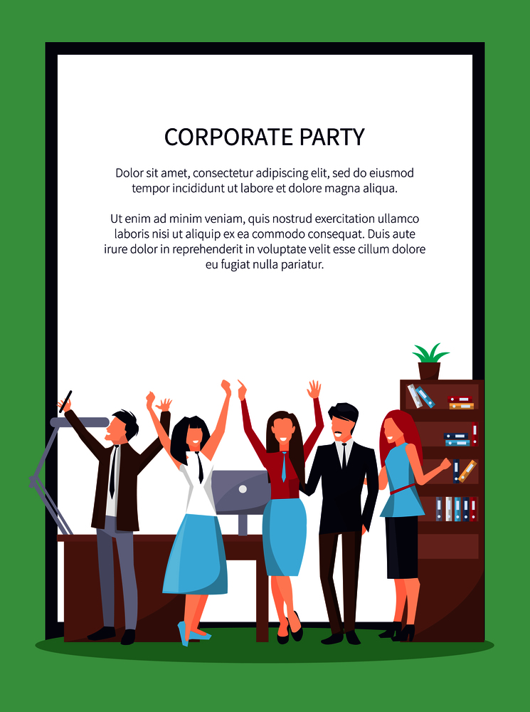 Corporate party poster with happy people celebrating success in office workplace including table, computer and drawers, flags vector in frame. Happy People in Office on Vector Illustration