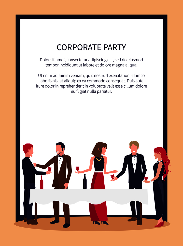 Corporate party poster with people in process of drinking red wine and talking, standing by white table and holding glasses vector in frame with text. People Drinking and Talking Vector Illustration