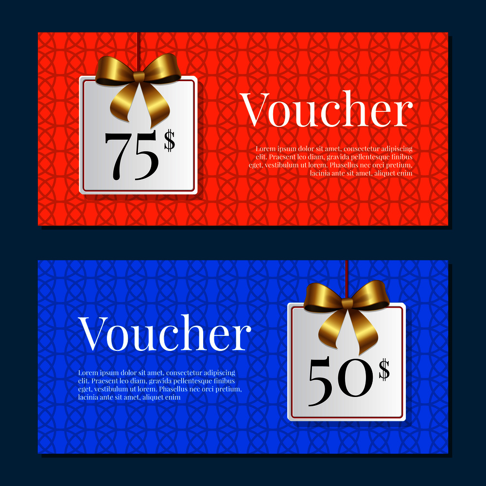 Voucher on 50-75$ set of posters with gold tags label on ribbons with bow on abstract blue and orange. Gift certificates with place for text vector. Voucher on 50 -75$ Set of Posters Gold Tags Label