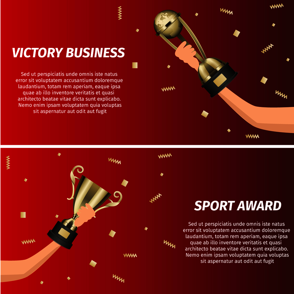Business victory and sport award web banners. Glossy metallic trophy cups in human hand with falling golden foil confetti realistic isolated vector. Competition prize, awards for winner illustration