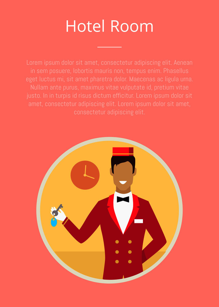 Hotel room poster with pink background and circle icon of bellhop. Vector illustration of cheerful employee in red jacket and hat holding key. Hotel Room Poster with Circle Icon of Bellhop