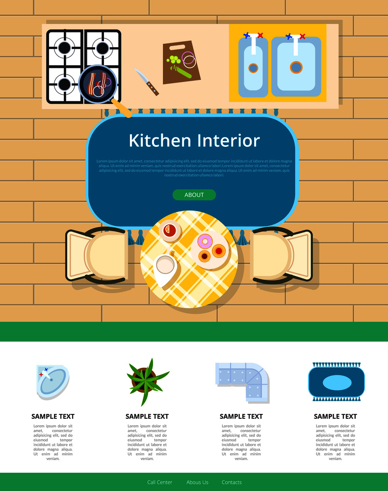 Kitchen interior design with stove, stainless sink, carpet, table with served breakfast and two chairs. Vector illustration with space for content and buttons. Kitchen Interior Design Vector Illustration