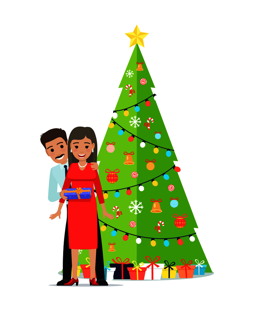 Decorated Christmas tree with garlands, bells and bows on ribbons, many packed presents in gift boxes and family couple giving presents each other vector. Decorated Christmas Tree Garlands Family Couple