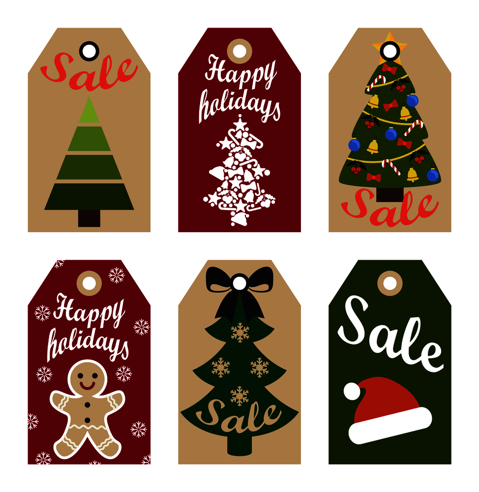Happy holidays sale labels promo stickers with gingerbread boy, Santa Claus hat and abstract New Year trees vector illustration ready to use adverts. Happy holidays sale labels hanging promo stickers