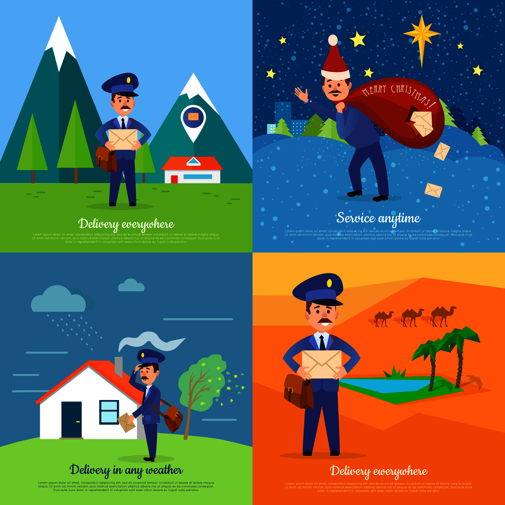 Delivery service web banners set with cartoon postman. Smiling postal courier delivers letters in stormy weather, in distant places in desert and mountains, on Christmas flat vector illustrations. Delivery Service Vector Cartoon Web Banners Set