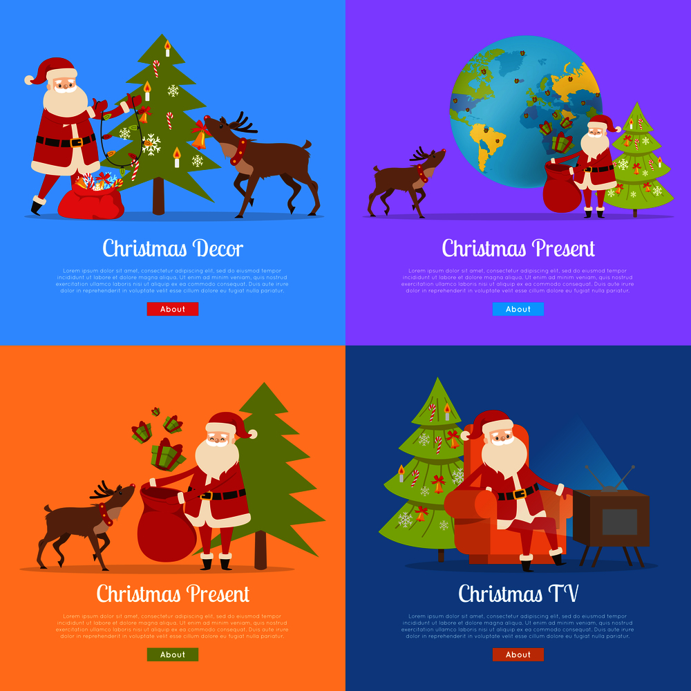 Christmas presents and Santa Claus on color backgrounds web banner. Santa and big reindeer decorate fir tree, send presents for children around world. Vector illustration of Nicolas activities. Christmas Decor and Present with Santa Claus.