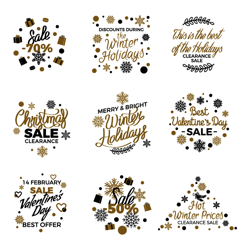 Winter holidays discount concepts big set with snowflakes, hearts, gifts in black and gold colors with elegant lettering on white. Christmas,  New Year and Valentines sales logos with gilded elements