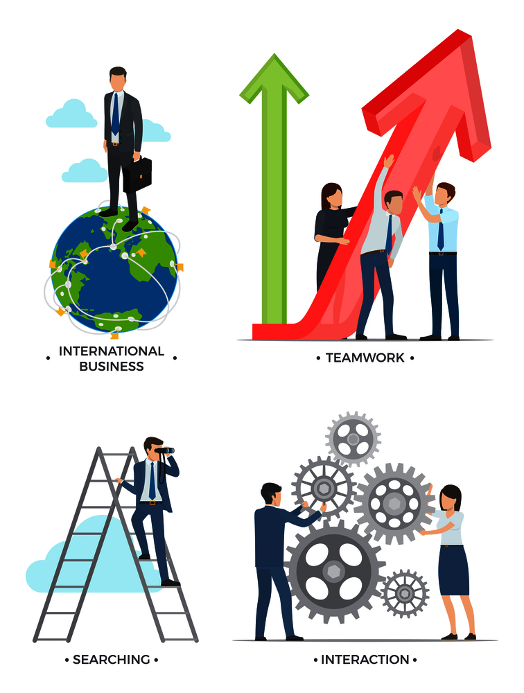 International business and planning, searching and interaction pictures of man with globe, person on ladder and people working vector illustration. International Business on Vector Illustration