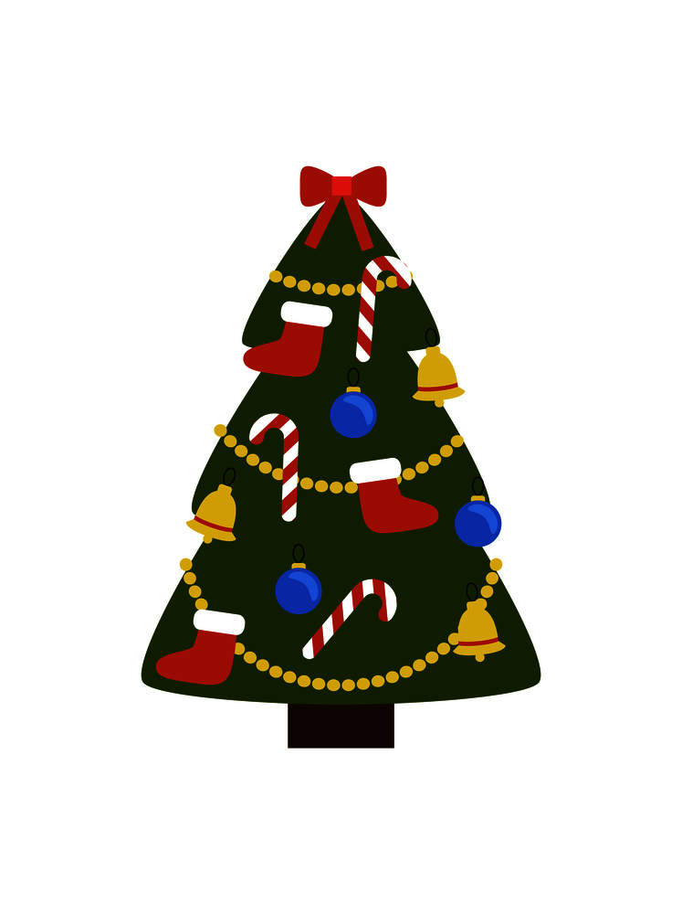 Christmas tree with decorations such as garlands, balls and toys, red socks and traditional candies, bells on vector illustration isolated on white. Christmas Tree with Decoration Vector Illustration