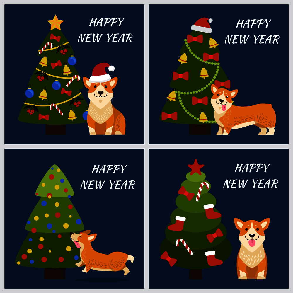 Happy New Year greeting cards with playful corgi dog and decorated Christmas trees with balls and garlands, postcards design winter 2018 concept. Happy New Year Tree and Dog Vector Illustration