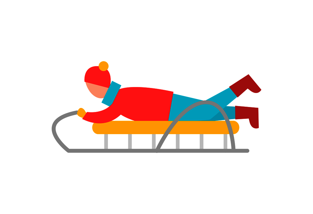 Boy lying on sled and having fun, winter activity of child during school vacations, warm dressing because of cold weather vector illustration. Boy Lying on Sled Having Fun Vector Illustration