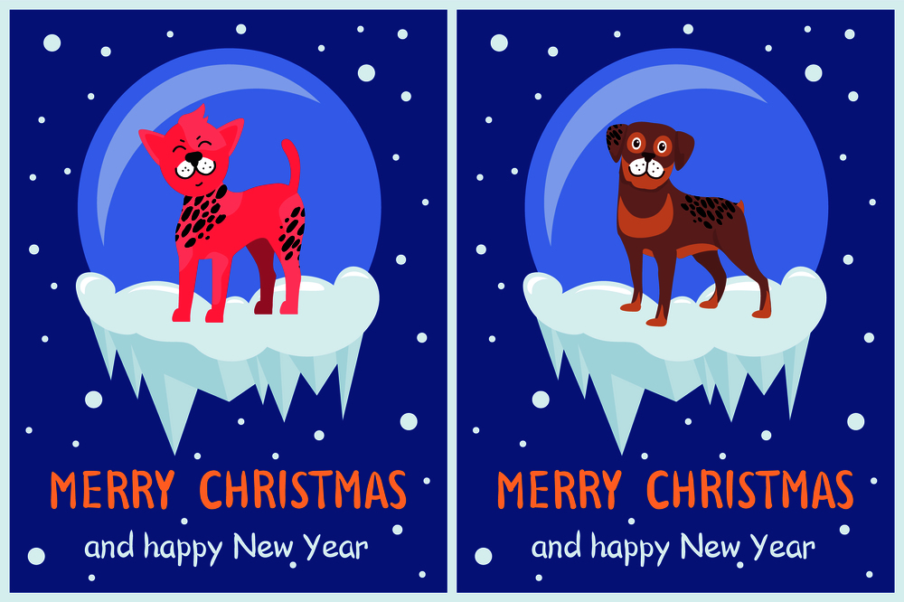 Merry Christmas and happy New Year doggy congrats set of posters with 2018 year symbol due Chinese calendar, vector illustration with spotted puppies. Merry Christmas and Happy New Year Doggy Congrats