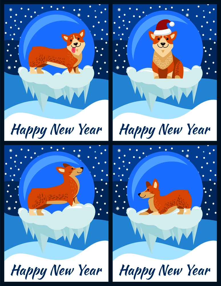 Happy New Year congratulations from cute corgi on set of four bright posters. Vector illustration with happy dog in red Santa&rsquo;s hat on snowy background. Happy New Year Congratulations from Cute Corgi