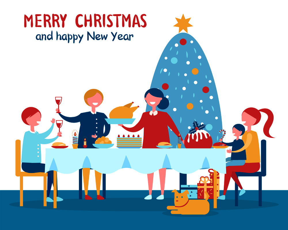 Merry Christmas and happy New Year, family having dinner together, served table, decorated tree and dog on floor isolated on vector illustration. Merry Christmas Familys Dinner Vector Illustration