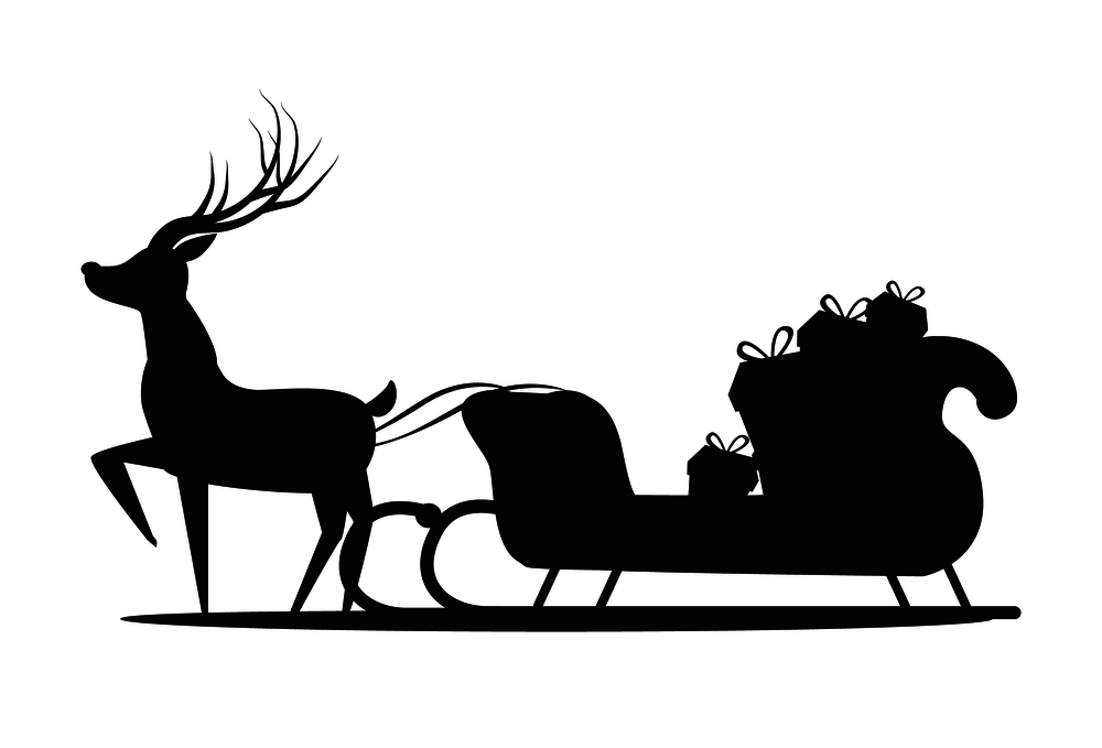 Santa Claus sledge silhouette icon isolated on white background. Vector illustration with reindeer and sleigh with gift boxes decorated by bows. Santa Claus Sledge Silhouette Vector Illustration