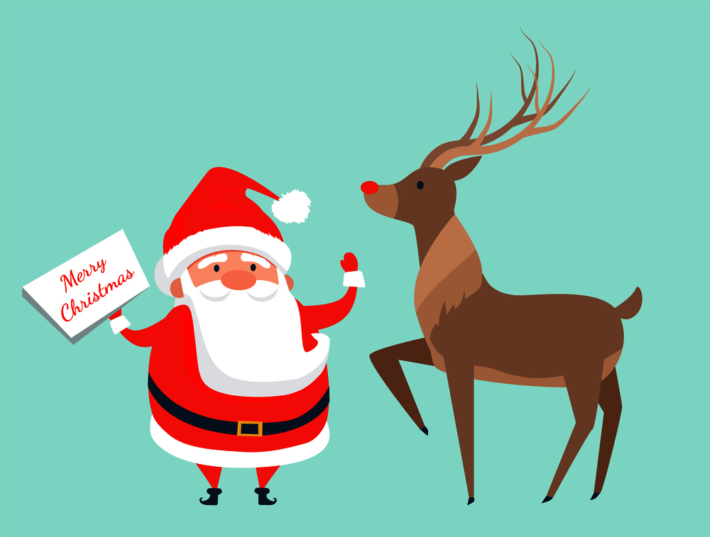 Santa Claus with reindeer icon isolated on light blue background. Vector illustration Father Frost congratulation on white sign and beautiful animal. Santa Claus with Reindeer Icon Vector Illustration