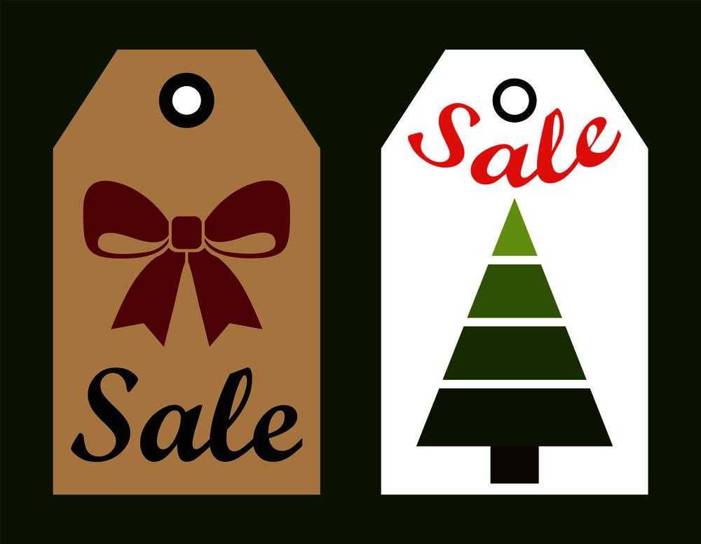 Sale New Year labels set with hole to hang on, Christmas tree without decoration and red ribbon isolated on vector illustration in flat style. Sale New Year Labels Set with Hole to Hang on Icons