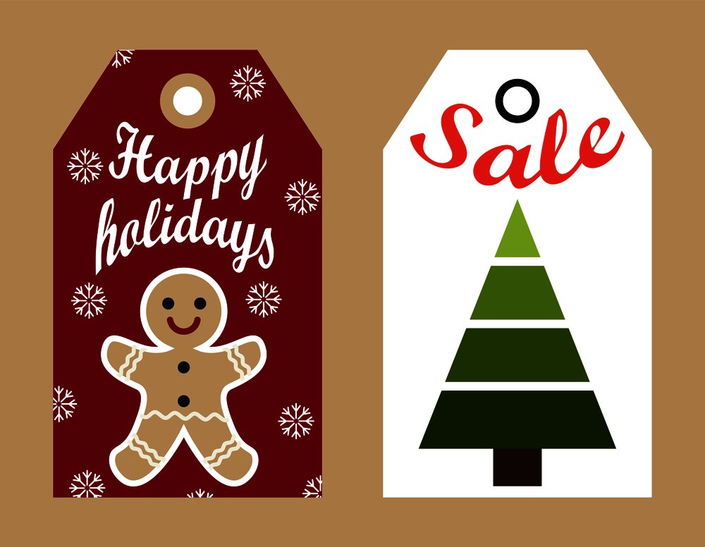 Happy holidays sale labels hanging promo stickers with gingerbread boy and abstract New Year tree vector illustration ready to use adverts. Happy holidays sale labels hanging promo stickers