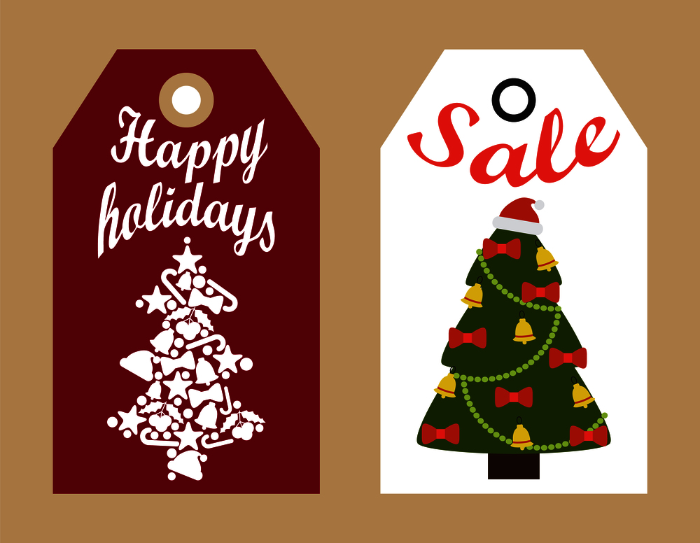 Happy holidays sale decorative tags with New Year decorated and abstract Christmas trees hanging badges, shopping promotional labels vector. Happy Holidays Sale Decorative Tags New Year Trees