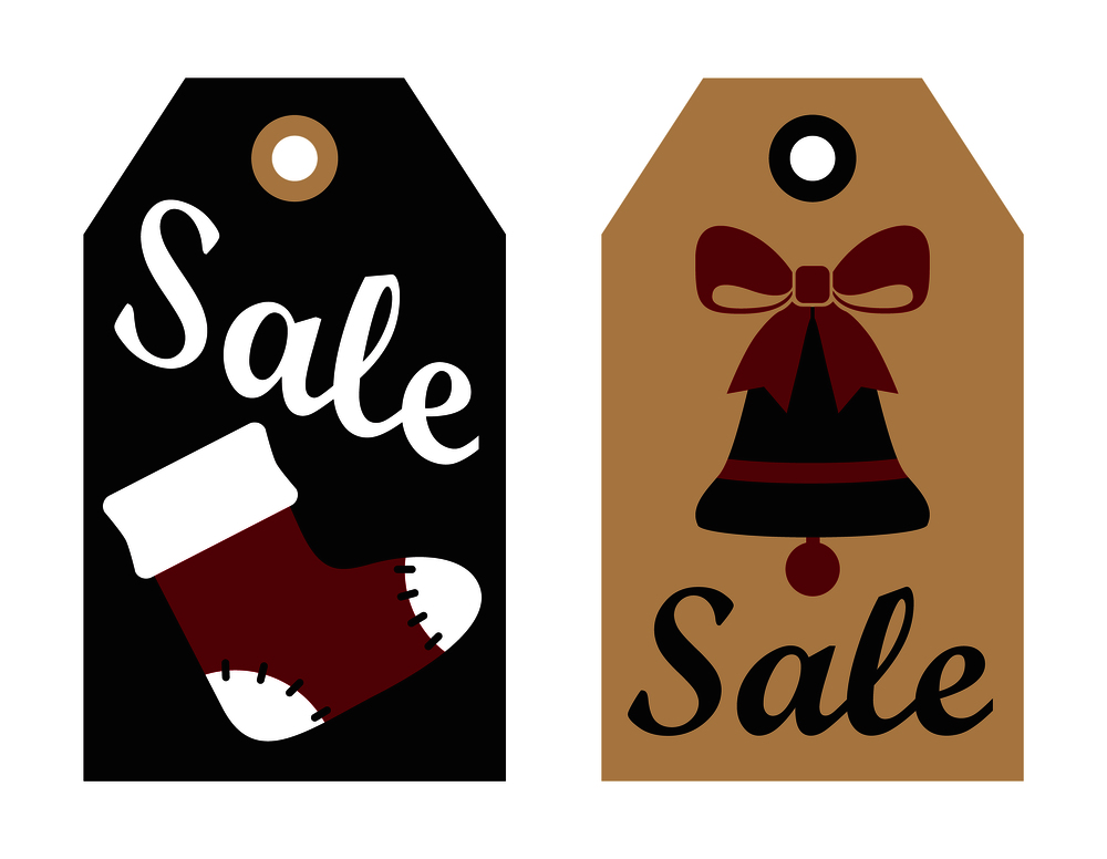 Sale promo label with Christmas sock for presents and decorative bell with red ribbon New Year symbols on hanging tags vector isolated on white. Sale Promo Label with Christmas Sock Bell Ribbon