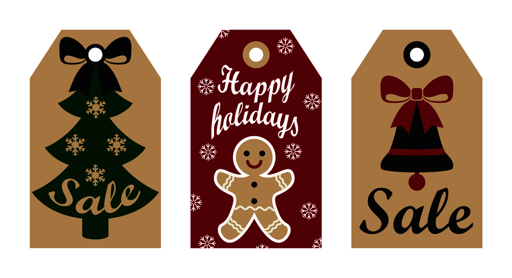 Sale happy holidays labels with tree and ribbons, snowflakes and bell, headlines and Christmas cookie, banners isolated on vector illustration. Sale Happy Holidays Labels on Vector Illustration