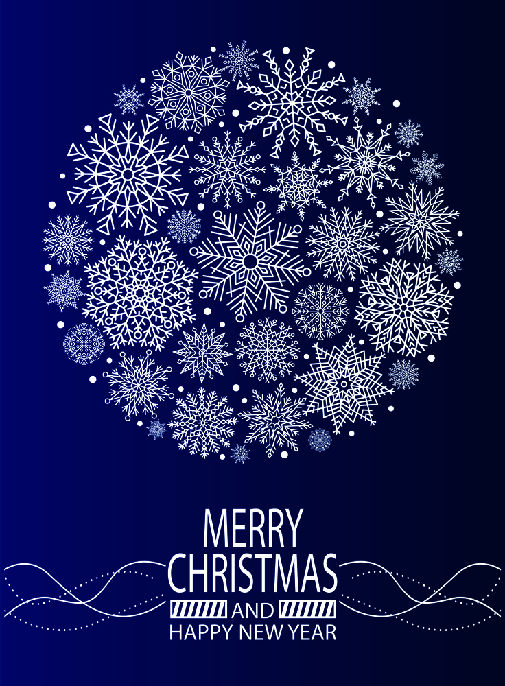 Merry Christmas and Happy New Year cover design with snowflake ball created from ornamental patterns vector illustration isolated on blue background. Merry Christmas Happy New Year Cover Design Poster
