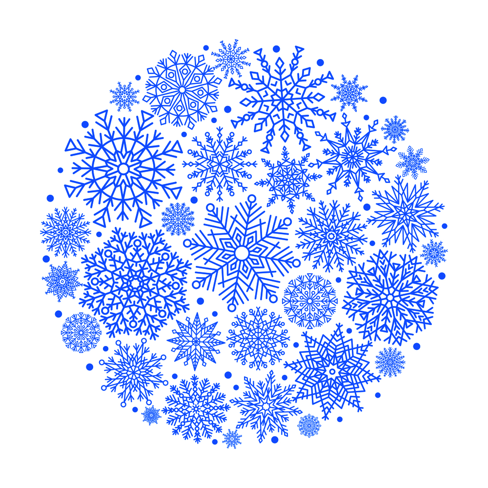 Christmas ball icon created by snowflakes of different shapes vector illustration isolated on white background. Symbol of winter 2018 blue snowball. Christmas Ball Created From Blue Snowflakes Icon