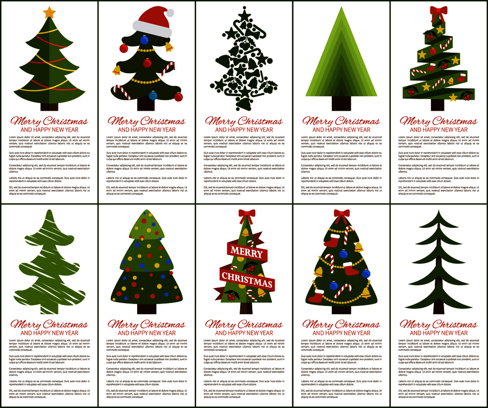 Merry Christmas and happy New year greeting cards, set of posters with text and types of decorated Xmas trees with balls and garlands, abstract vector. Merry Christmas and Happy New Year Greeting Cards