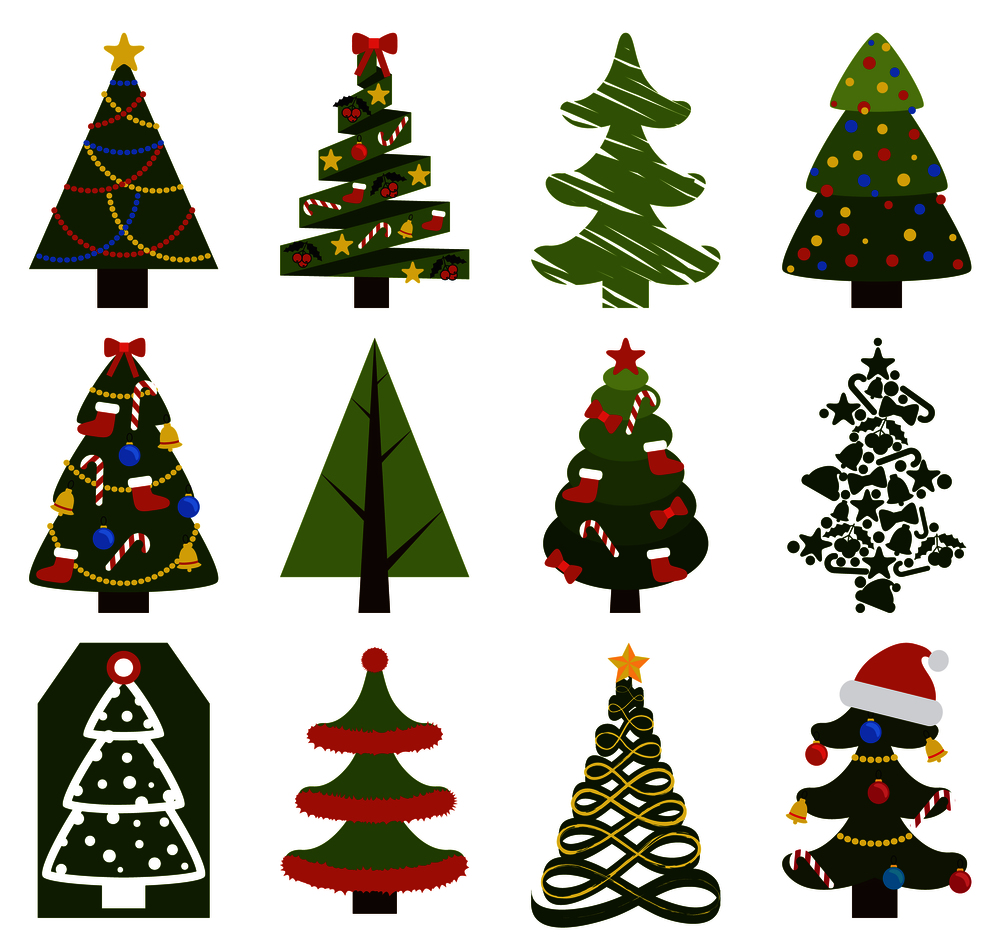 Big set of Christmas tree symbols with or without decorative elements, abstract spruces with garlands and toys, topped by hat or star vector on white. Big Set Christmas Tree Symbols With Without Decor