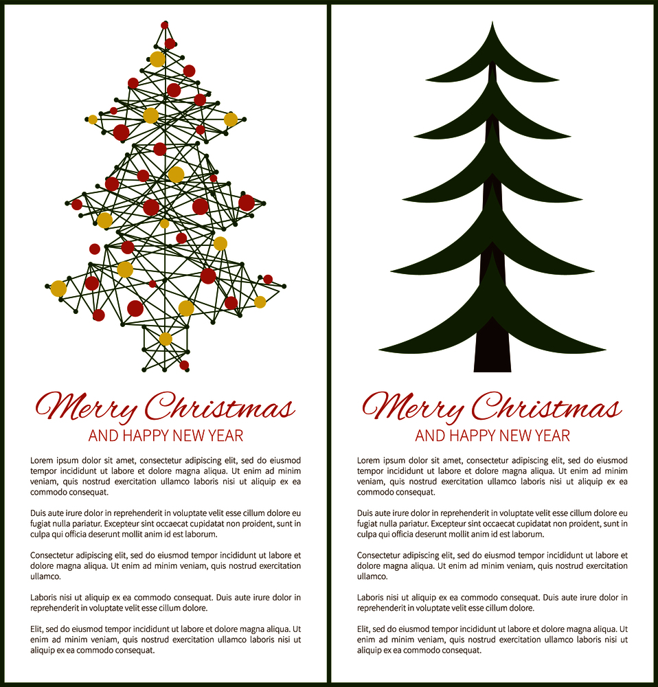 Merry Christmas and Happy New Year posters green tree carcass and balls, symbolic pine presented in schematic way, baubles collection vector with text. Merry Christmas Happy New Year Posters with Tree