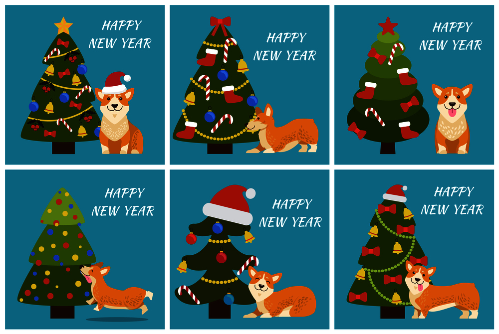 Happy New Year postcards design winter 2018 concept, greeting cards with playful corgi dog and decorated Christmas trees with balls and garlands,. Happy New Year Tree and Dog Vector Illustration