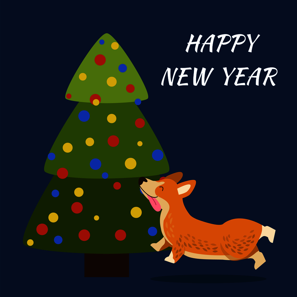 Happy New Year cute poster with dog running to Christmas Tree decorated with lots of colorful balls, placard on vector illustration isolated on blue. Happy New Year Cute Poster on Vector Illustration