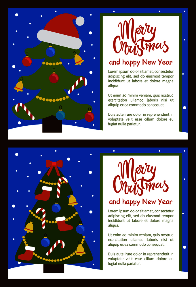 Merry Christmas and Happy New Year posters abstract trees symbols of holiday, candies and bells, garlands and ribbons, mistletoe and star, vector. Merry Christmas Happy New Year Posters with Tree