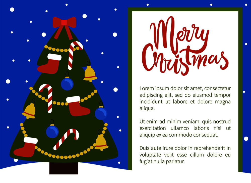 Merry Christmas poster with tree decorated by garlands, balls and toys, socks and traditional candies, bells on vector illustration on snowy background. Merry Christmas Poster with Tree Decorated by Toys