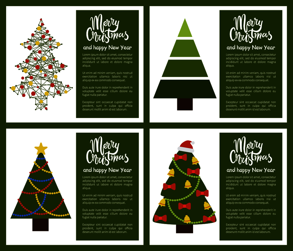 Merry Christmas Happy New Year poster with abstract spruces with decor and without decorations, topped by hat or star vector Xmas tree symbols. Merry Christmas and Happy New Year Poster Tree Set