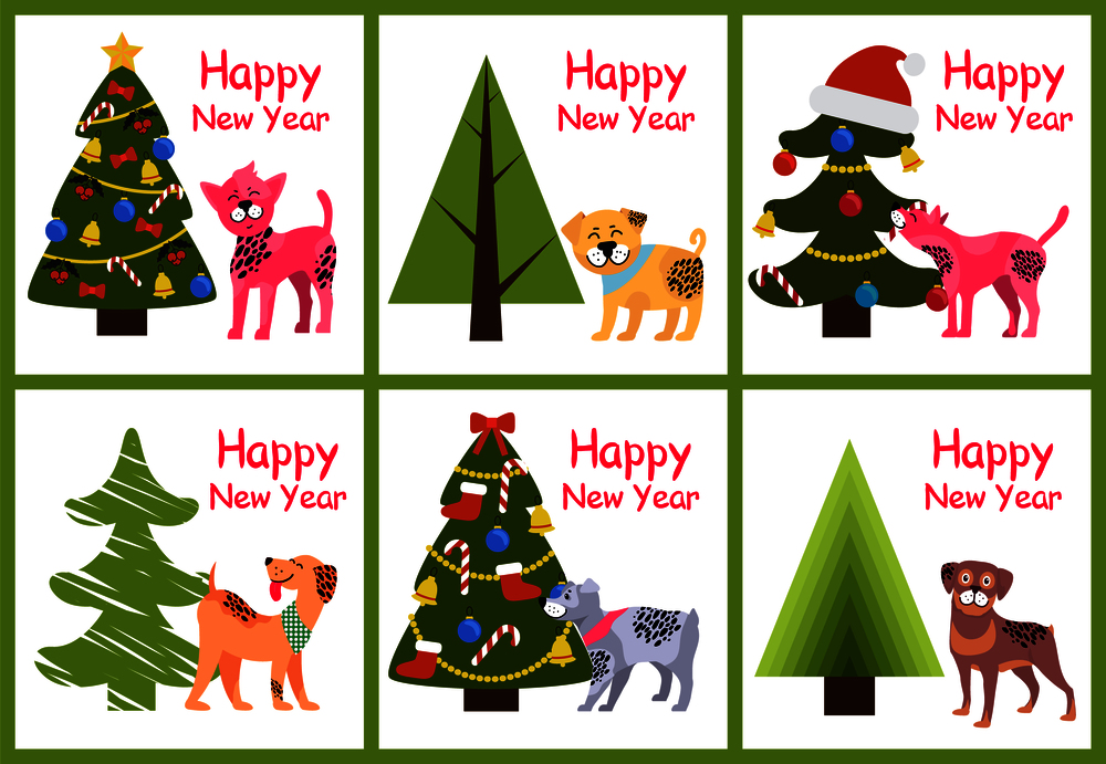 Happy New Year posters 2018 set with abstract Christmas trees and cute spotted puppies vector illustration greeting cards isolated on white background. Happy New Year Posters Set Christmas Trees Puppies