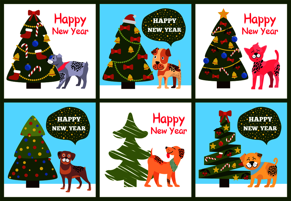 Happy New Year greetings from cartoon dogs standing near decorated xmas trees vextor illustration posters set isolated on white background. Happy New Year Posters Set Christmas Trees Puppies