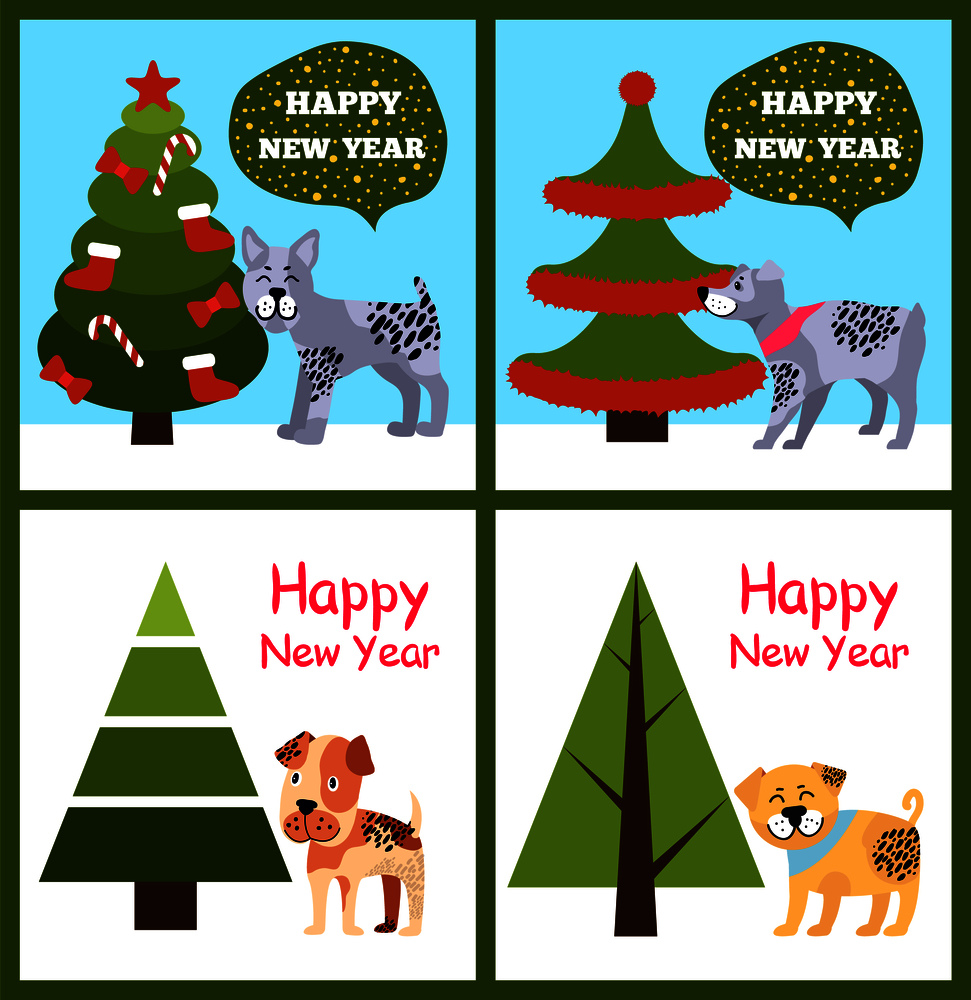 Happy New Year inscription on congratulation poster with cute dogs symbols of 2018 and Christmas trees, cartoon spotted animals in flat style design. Happy New Year Posters Set Xmas Dogs Symbol Trees