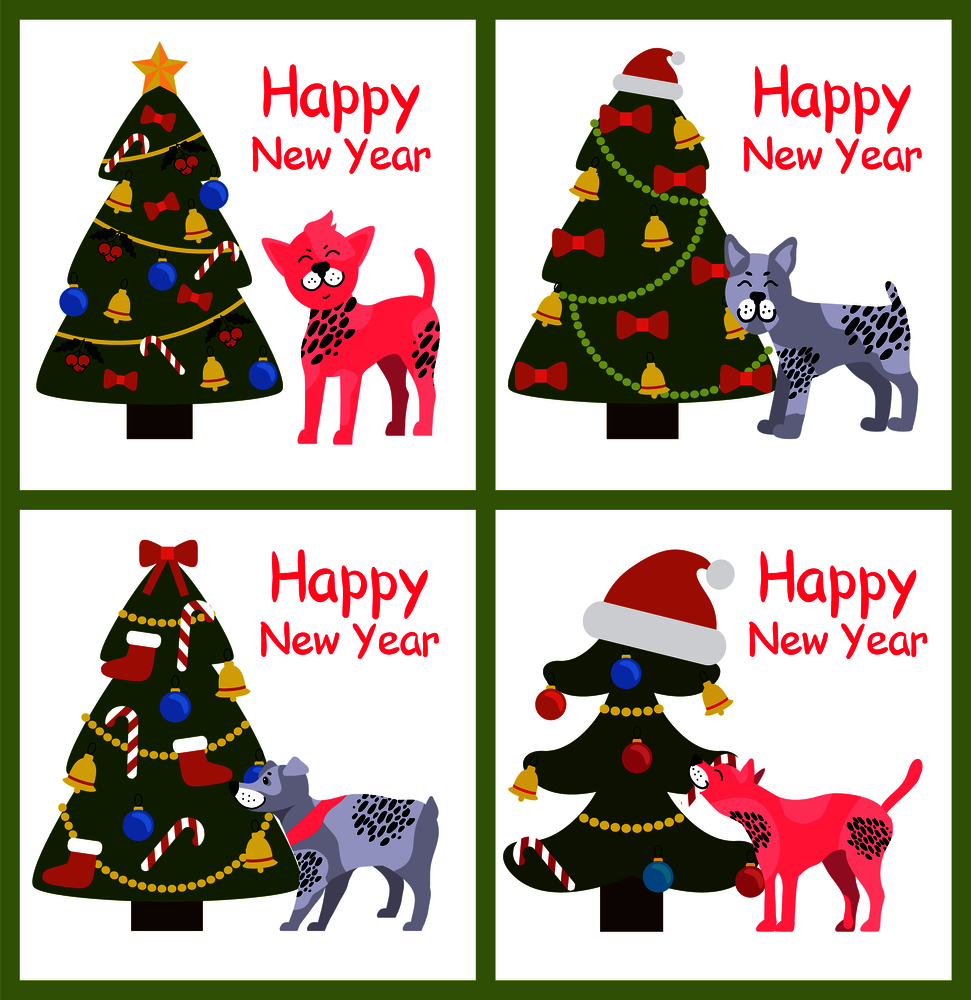 Happy New Year posters set with abstract Christmas trees and cute puppies with spots vector illustration greeting cards isolated on white background. Happy New Year Posters Set Christmas Trees Puppies