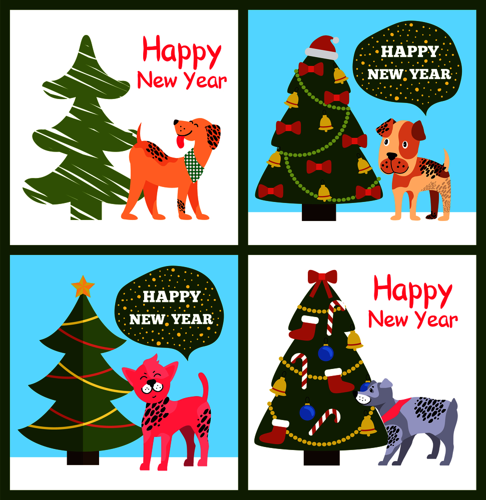 Playful cartoon dogs wishes Happy New Year in speech bubbles, greeting Merry Christmas posters with xmas trees and playful puppies vector illustrations. Playful Cartoon Dogs Wishes Happy New Year in Bubble
