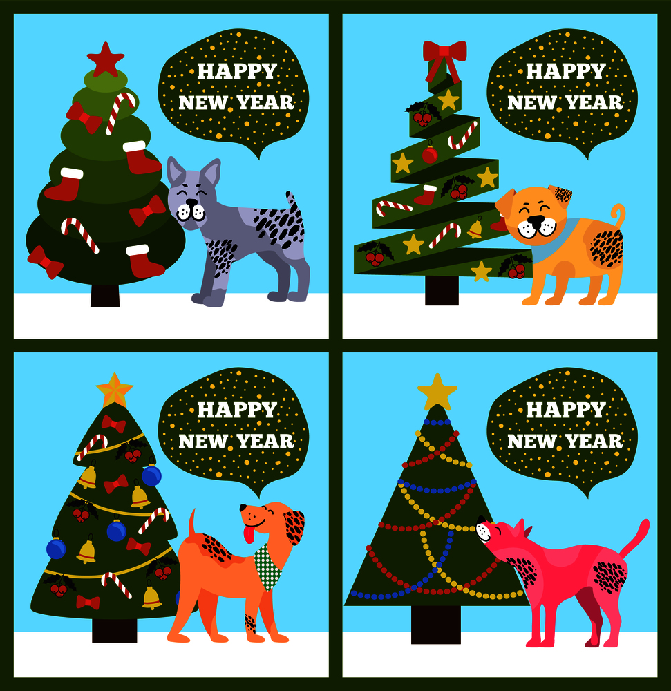 Festive cards on green background, merry wishes Happy New Year from dotted puppies under Christmas trees set vector illustration postcards with dogs. Festive Cards on Green Merry wish Puppy Tree Set