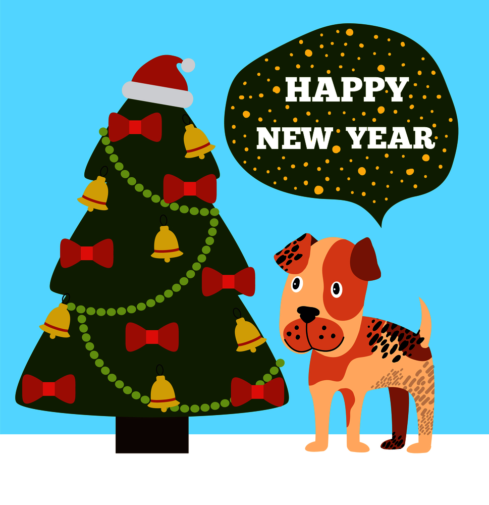 Happy New Year congratulations from cartoon pink spotted dog near decorated Christmas tree topped by Santa hat, with garlands, red bows and gold bells. Happy New Year Greeting Card Cartoon Grey Spot Dog
