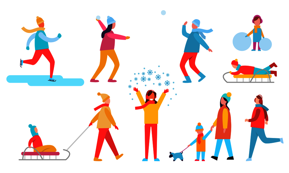 People winter action collection of icons, skiing man, male and female playing snowball fight, kids on sleds, family with dog vector illustration. People Winter Actions Set, Vector Illustration