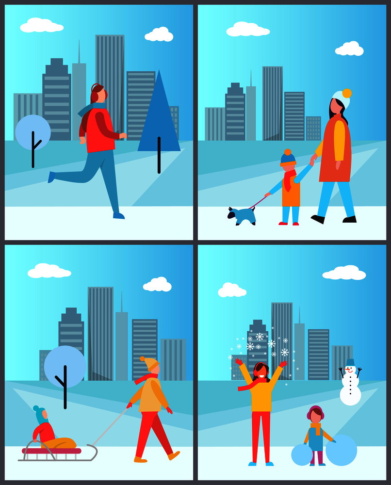 People walks in winter with cityscape. Girl on run, mother with son and dog, kid on sledge with father and children play in snow vector illustrations.. People Walks in Winter with Cityscape Behind Set