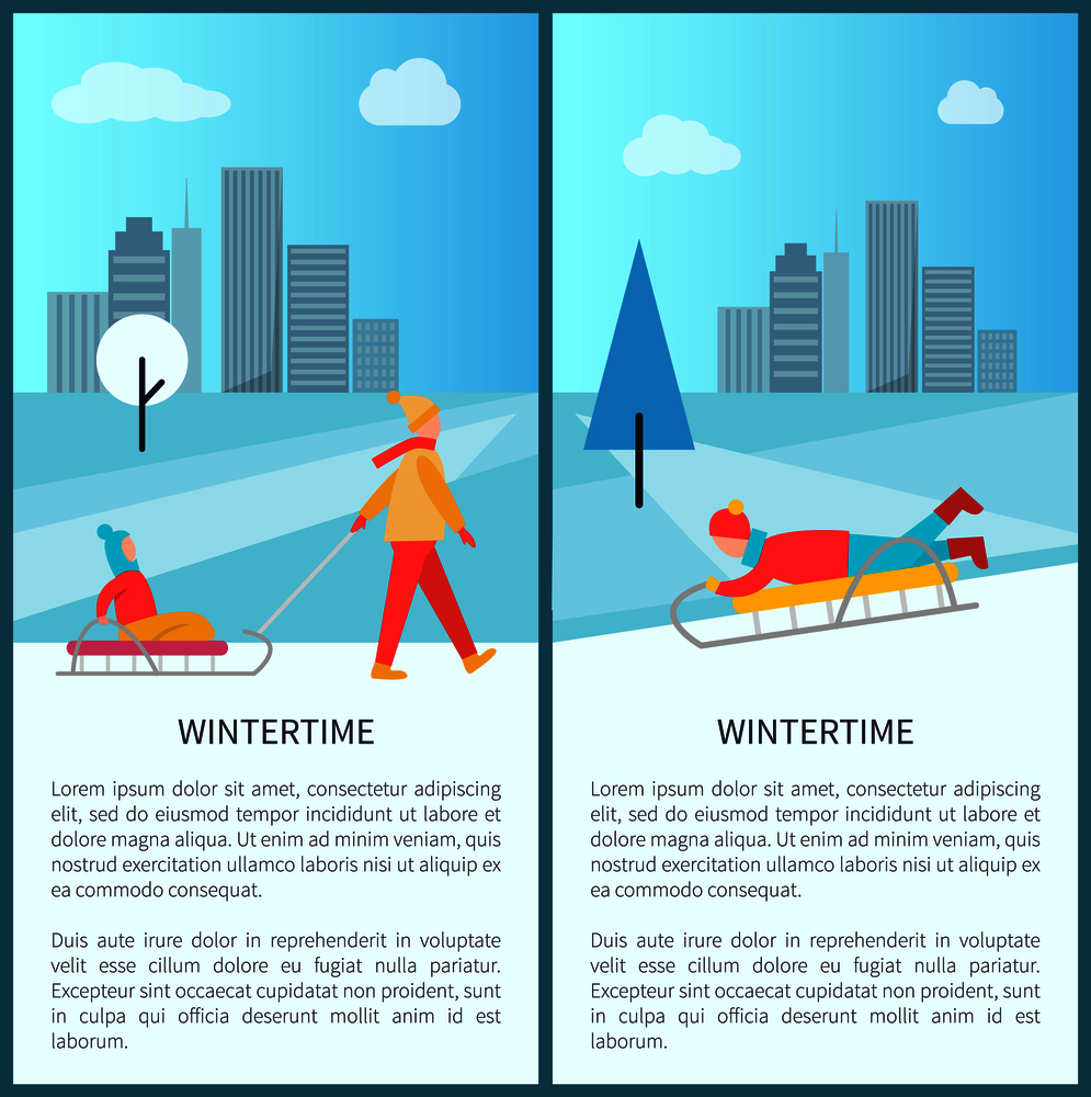 Wintertime cityscape poster with children and adults making fun with sleigh in city park. Vector illustration with happy people among snowy trees. Wintertime Cityscape Poster Vector Illustration
