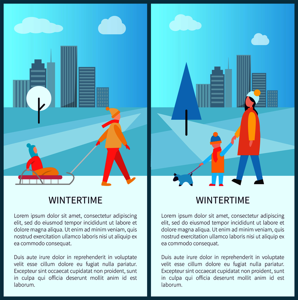 Wintertime city activities with families walking with kids on sleds, pet on leash. Vector illustration with people walking in snowy town park posters. Wintertime City Activities Vector Illustration